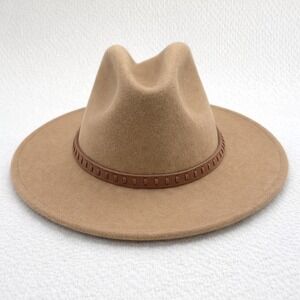 Treasure Bond Tan Wool Felt Fedora Hat Wide Brim Leather Band Women One Size